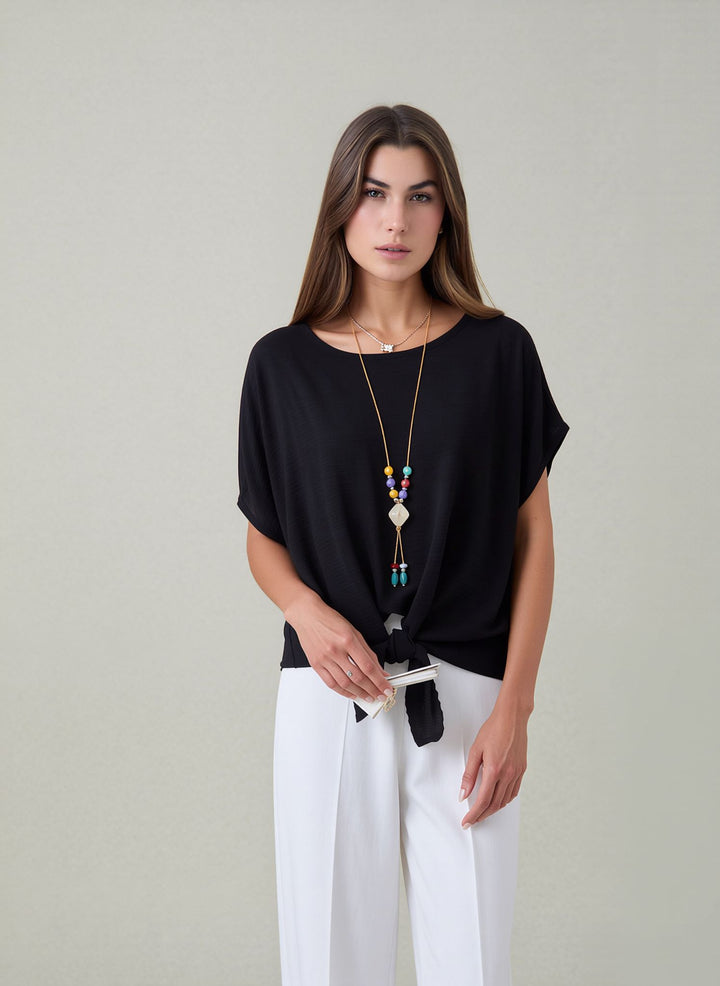 Black Tie-Front Batwing Sleeve Necklace Blouse Relaxed Fit Casual Top Summer Shirt