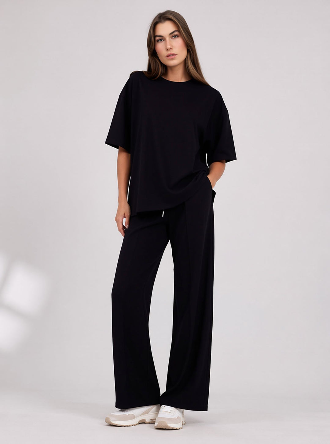Black Two Piece Co-Ord Set Oversize Top with Seam Detail Wide Leg Trousers