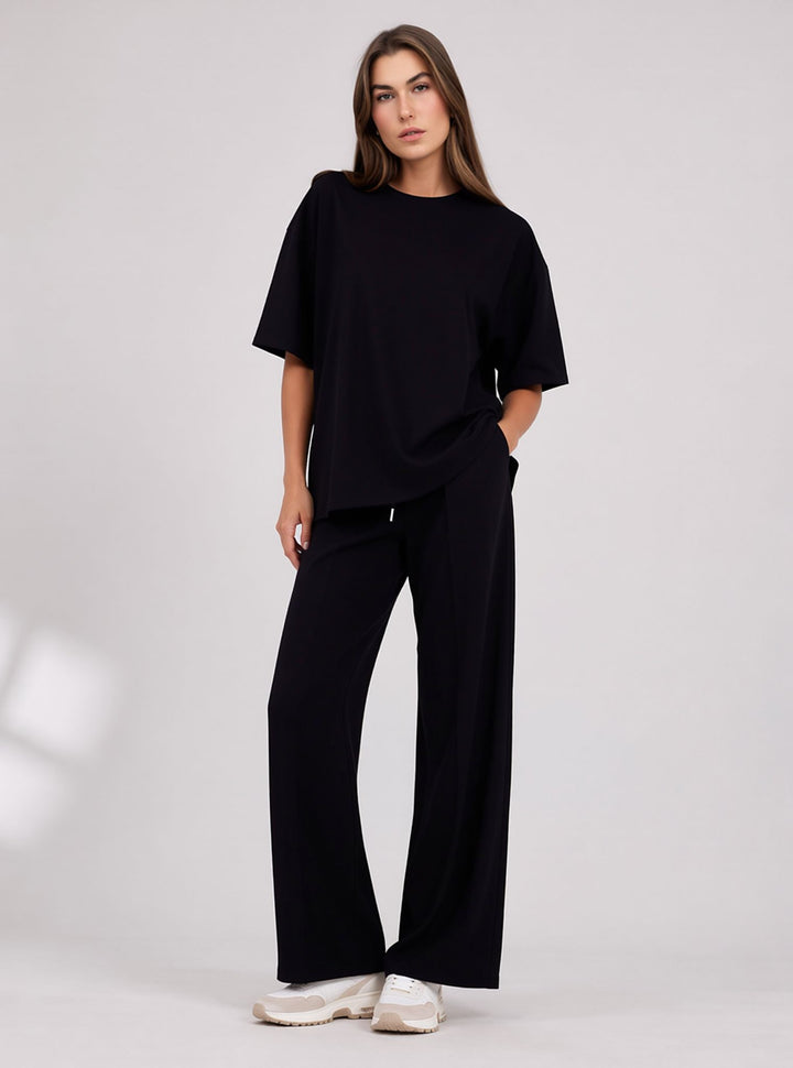 Black Two Piece Co-Ord Set Oversize Top with Seam Detail Wide Leg Trousers