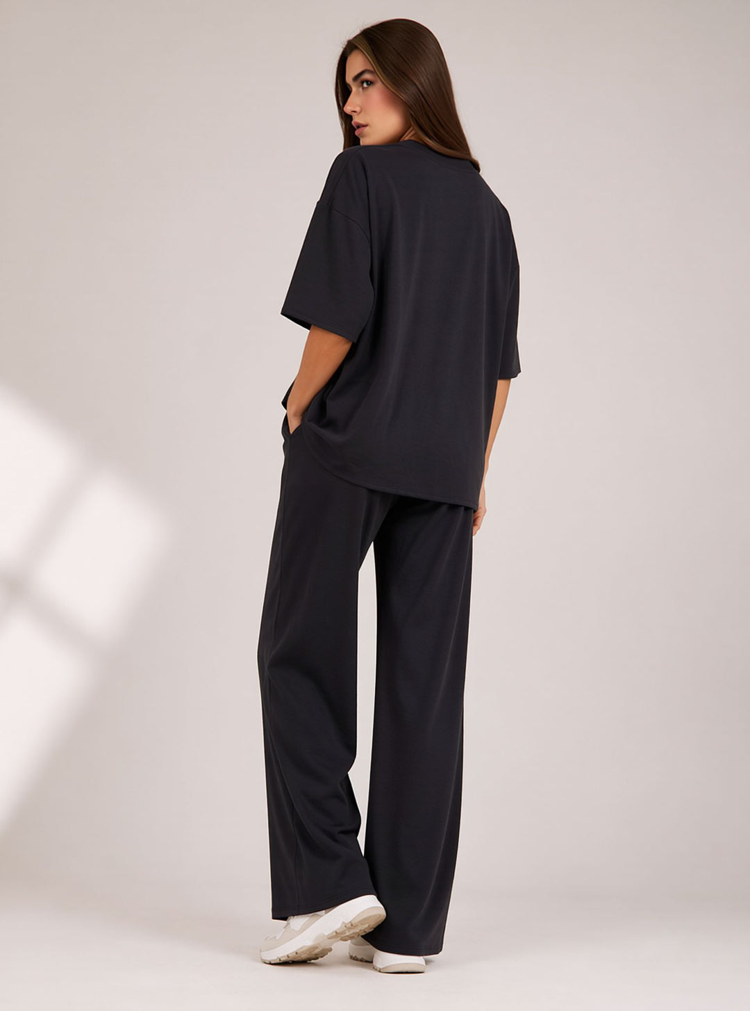 Black Two Piece Co-Ord Set Oversize Top with Seam Detail Wide Leg Trousers