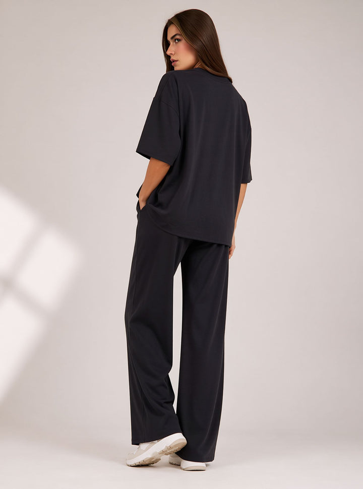 Black Two Piece Co-Ord Set Oversize Top with Seam Detail Wide Leg Trousers