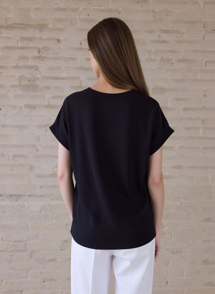 Black V-Neck Batwing Top with Pendant Necklace Elegant Loose Fit Short Sleeve Blouse