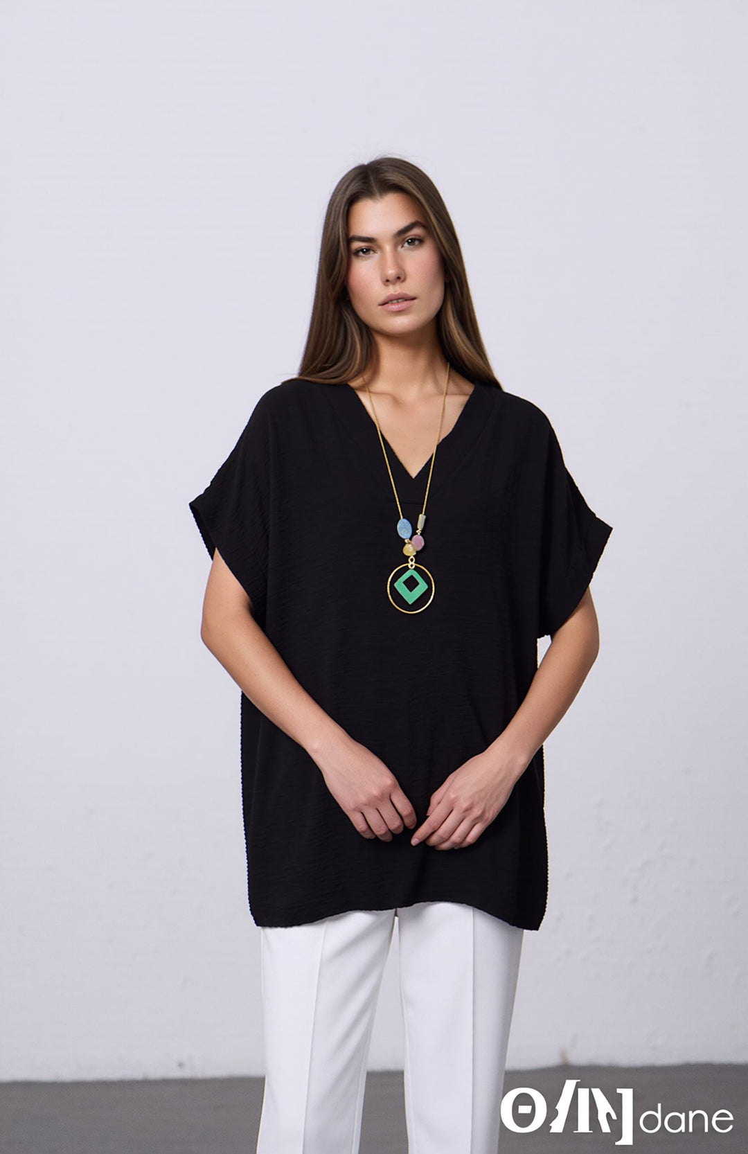 Black V-Neck Batwing Top with Pendant Necklace Elegant Loose Fit Short Sleeve Blouse