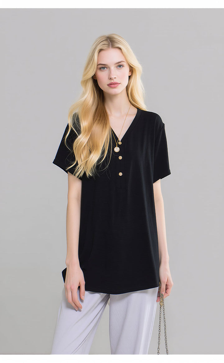 Black V-Neck Button Front Blouse Casual Loose Short Sleeve Top