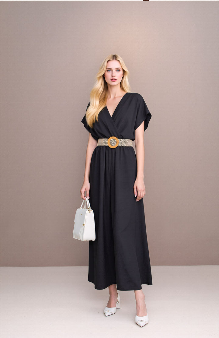 Black V-Neck Wide Leg Jumpsuit with Belt