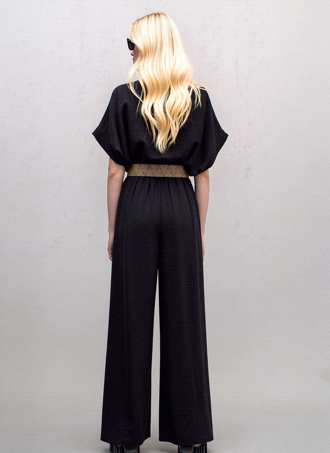 Black V-Neck Wide Leg Jumpsuit with Belt