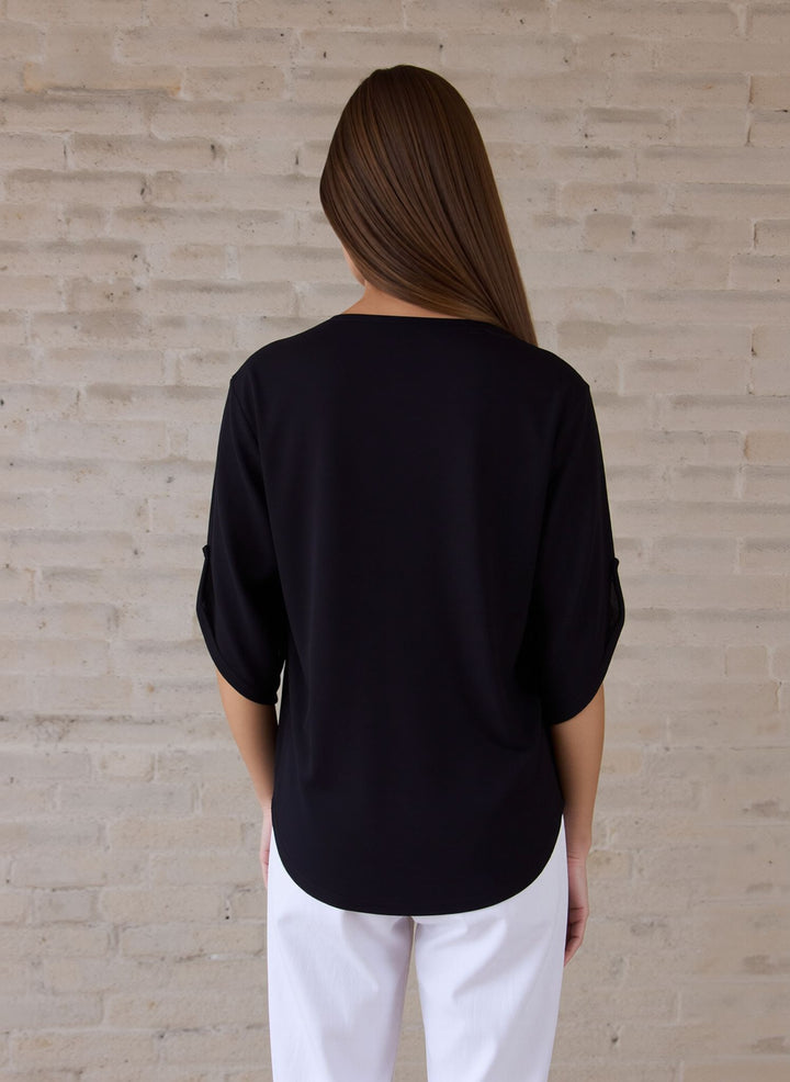 Black V-Neck Zip Detail Tunic Chic Top