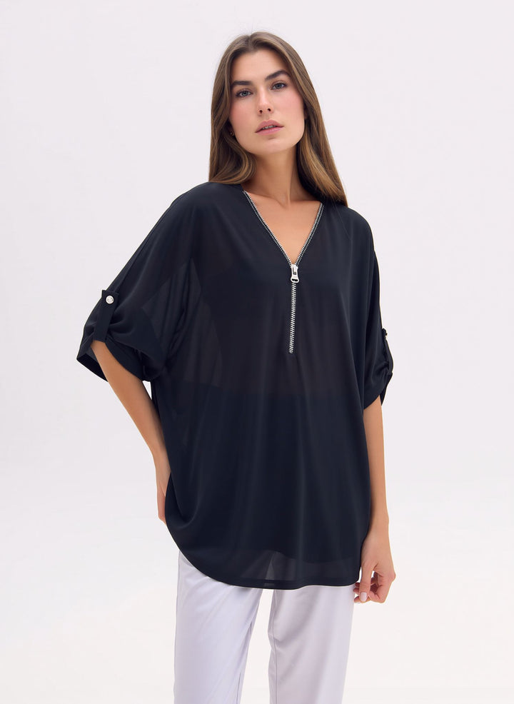 Black V-Neck Zip Detail Tunic Chic Top