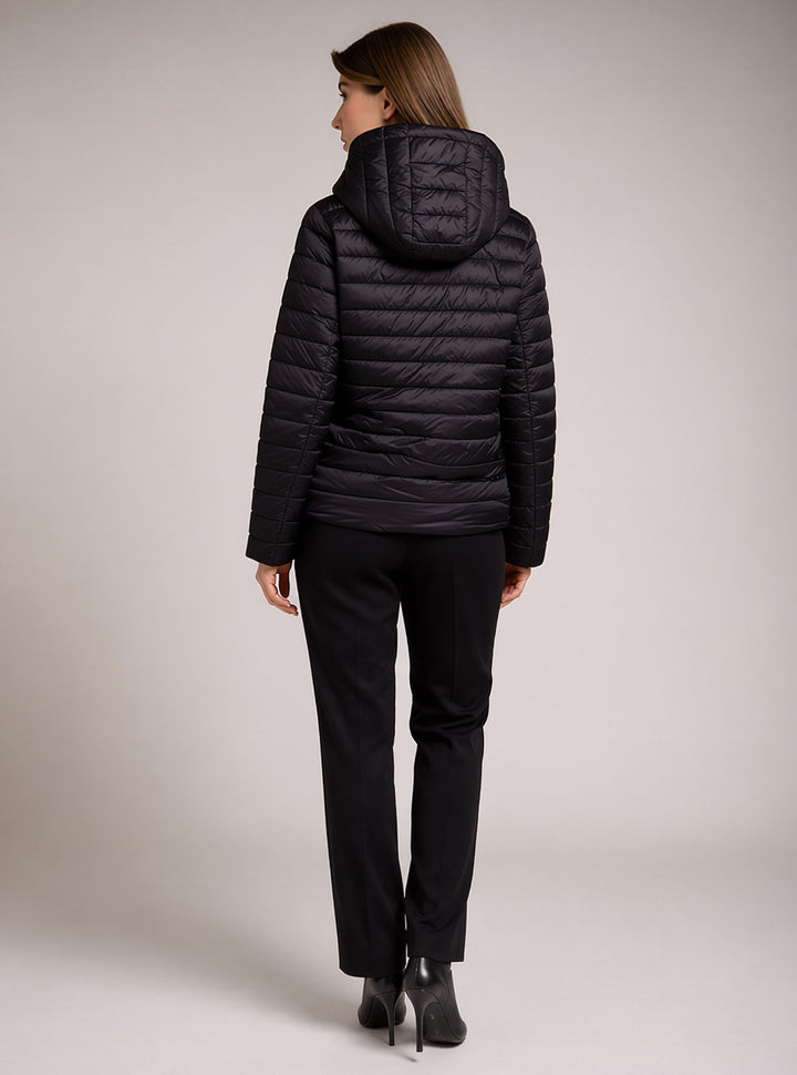 Black Waterproof & Windproof Hooded Lightweight Padded Jacket with Stripe Cuffs