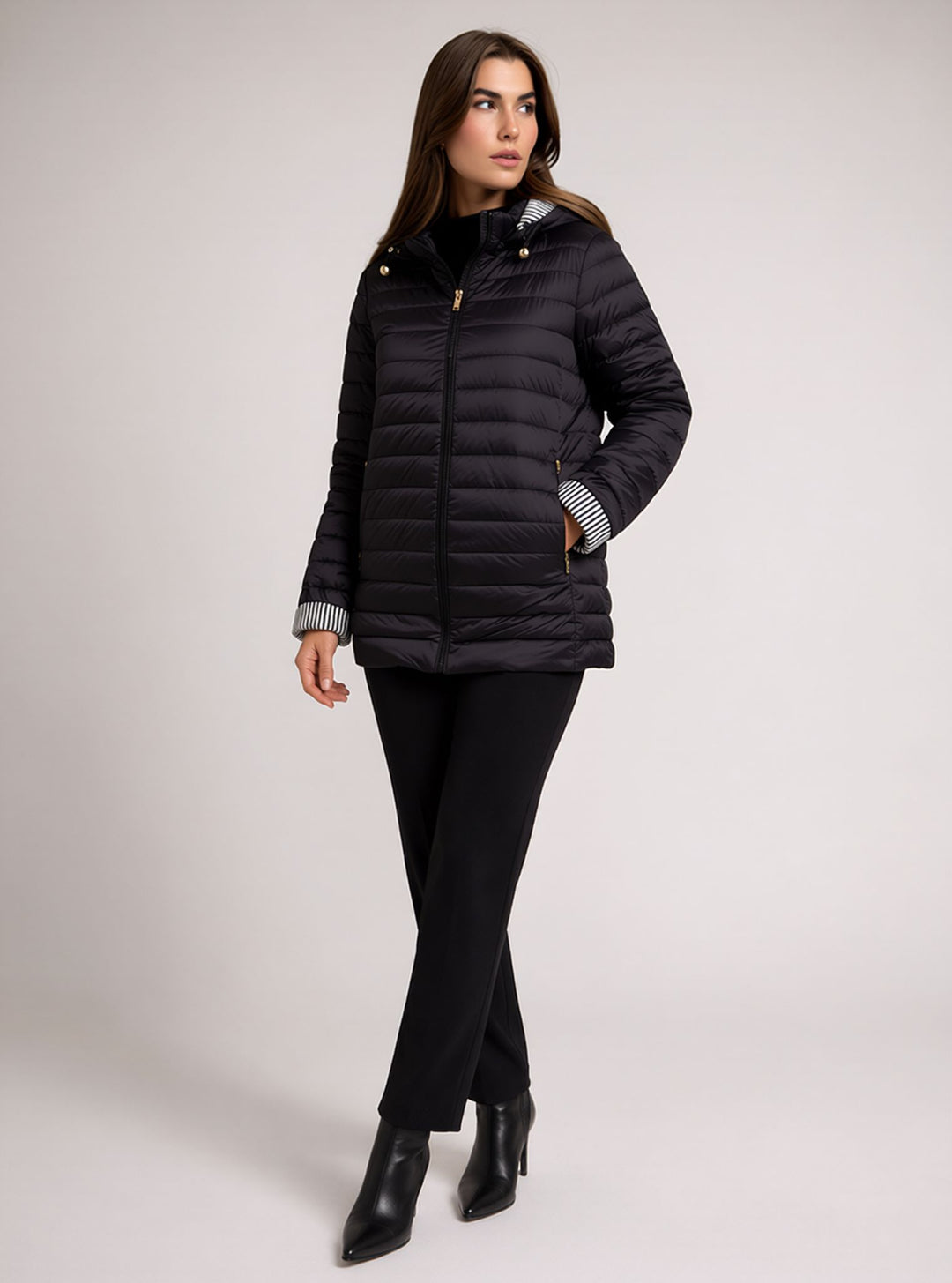 Black Waterproof & Windproof Hooded Lightweight Padded Jacket with Stripe Cuffs