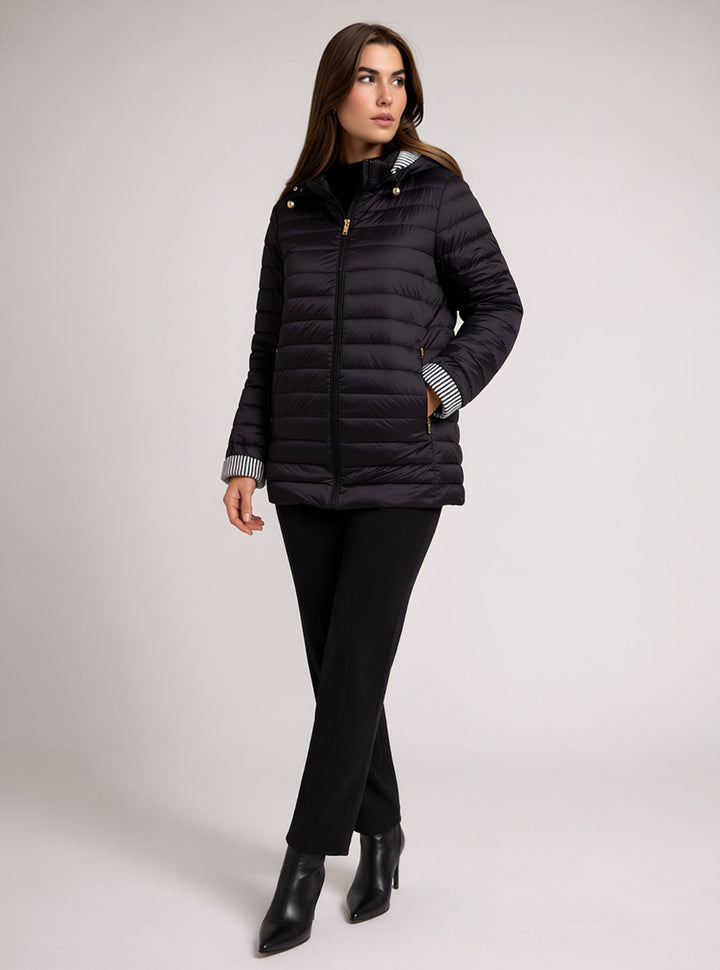 Black Waterproof & Windproof Hooded Lightweight Padded Jacket with Stripe Cuffs