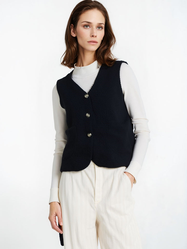 Black Wool Blend Borg Button Waistcoat