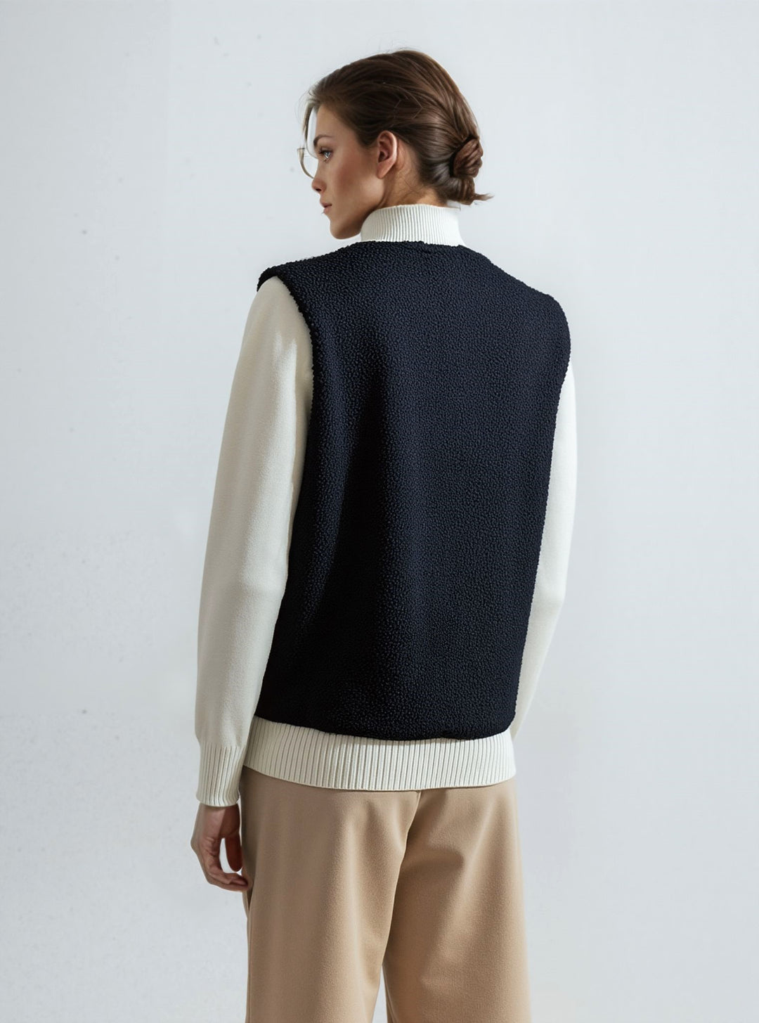 Black Wool Blend Borg Button Waistcoat