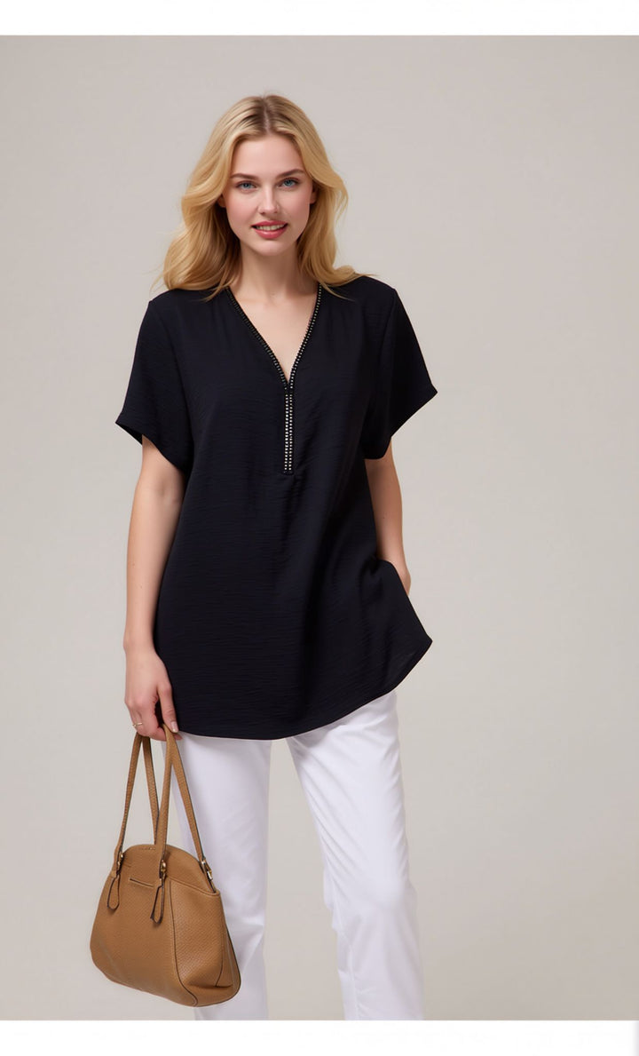 Black Zip Front V-Neck Loose Fit Blouse Top