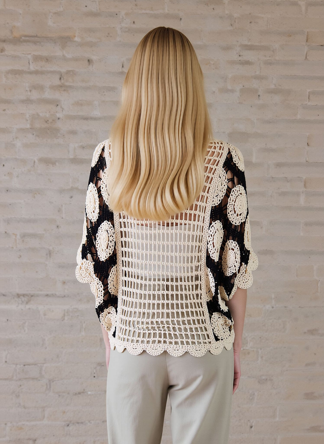 Black & Beige Crochet Boho Short Sleeve Knit Blouse Lace Top