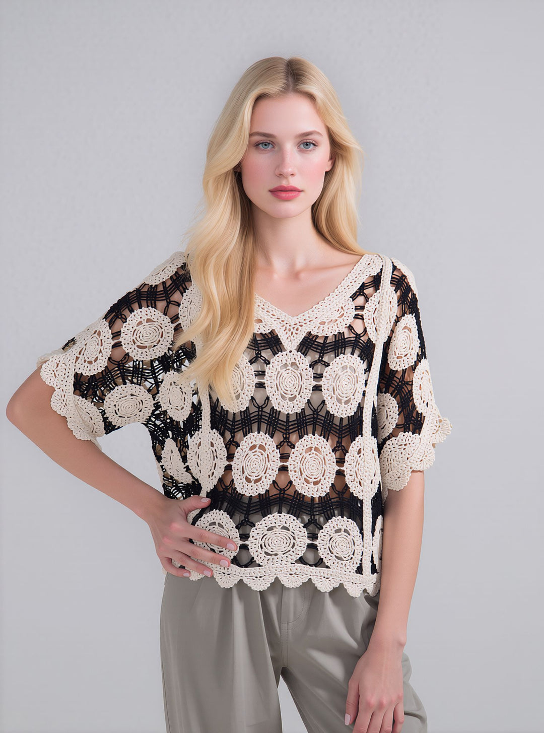 Black & Beige Crochet Boho Short Sleeve Knit Blouse Lace Top