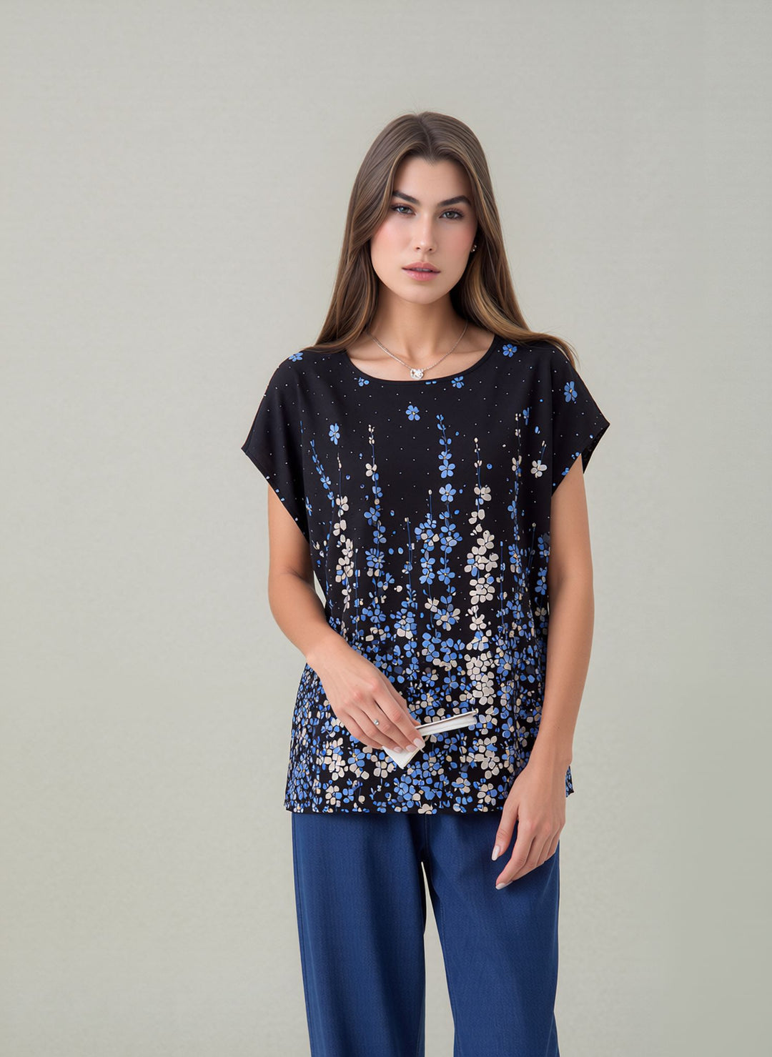 Black & Blue Relaxed Fit Short Sleeve Tunic Top Lightweight Cotton Rich Casual Summer Shirt