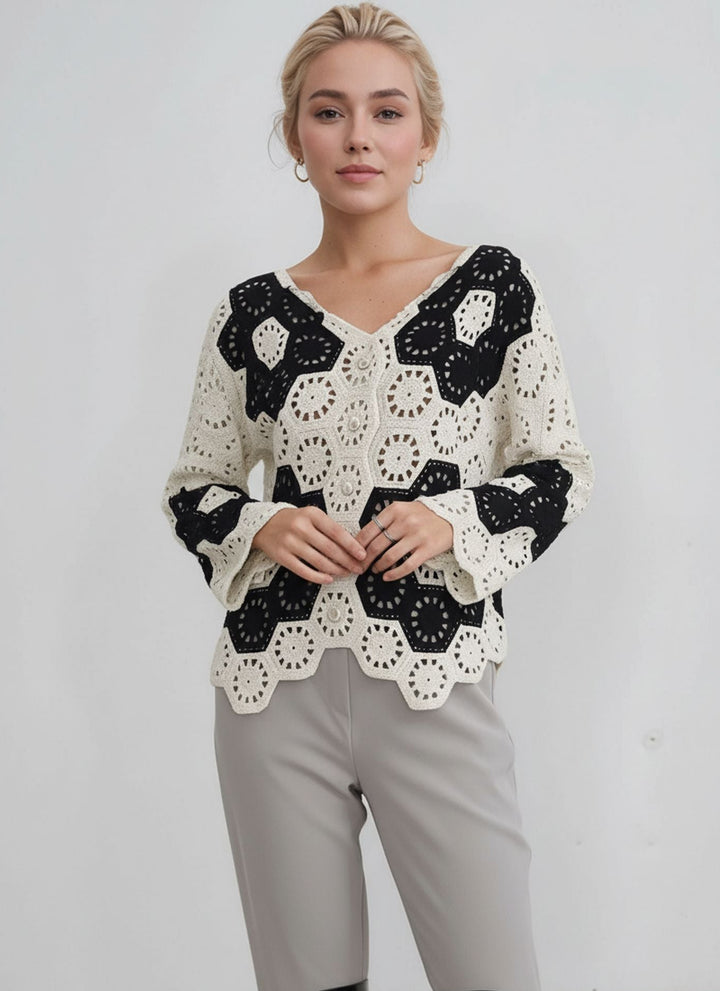 Black & Cream Crochet Button Front Cardigan