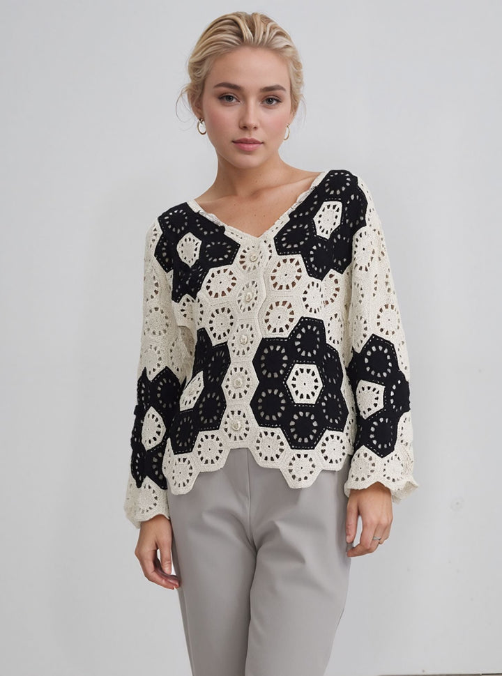 Black & Cream Crochet Button Front Cardigan