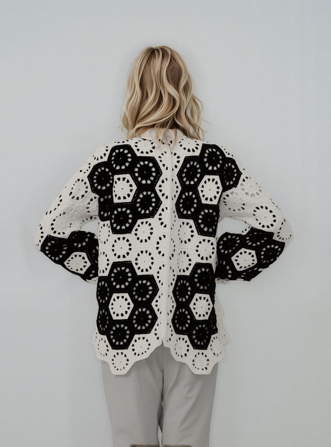 Black & Cream Crochet Button Front Cardigan