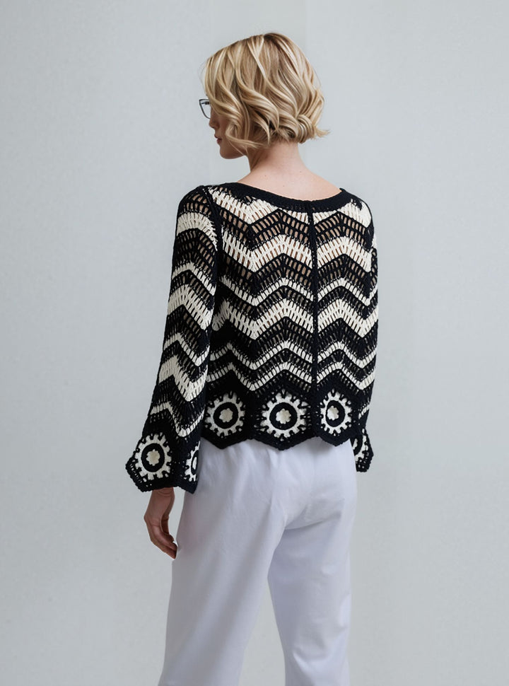 Black & Cream Crochet Knit Button Boho Cardigan