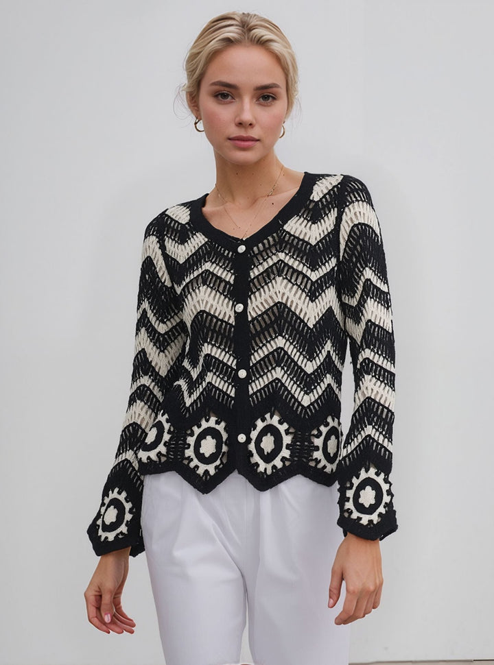 Black & Cream Crochet Knit Button Boho Cardigan