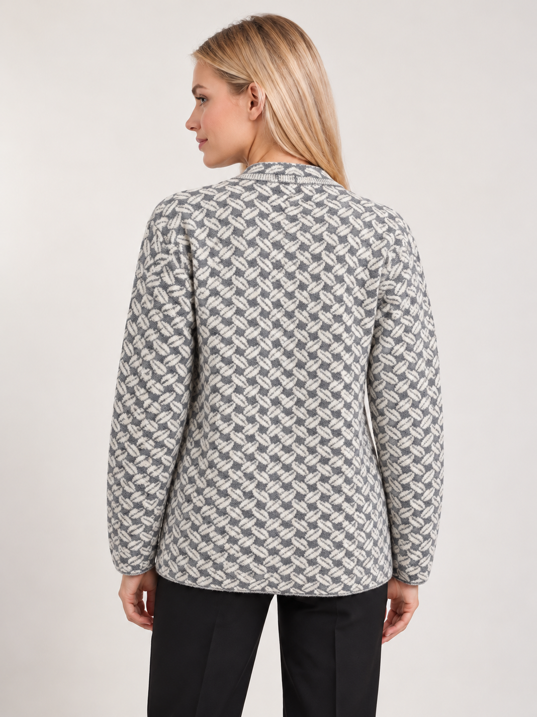 Grey & Cream Floral Jacquard Knit Button Premium Heavy Cardigan