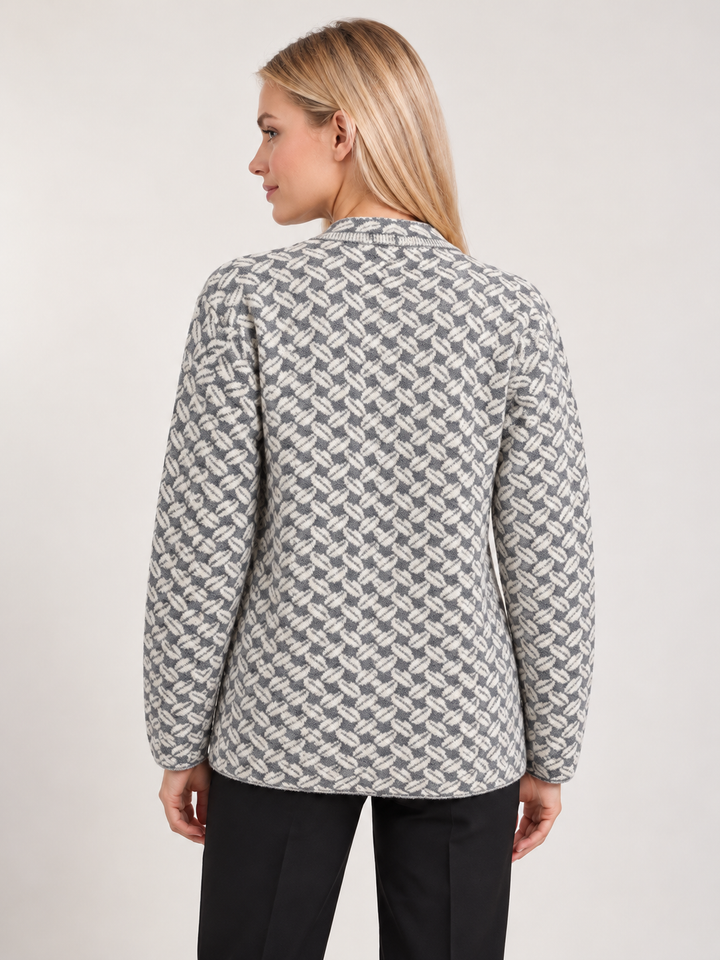 Grey & Cream Floral Jacquard Knit Button Premium Heavy Cardigan