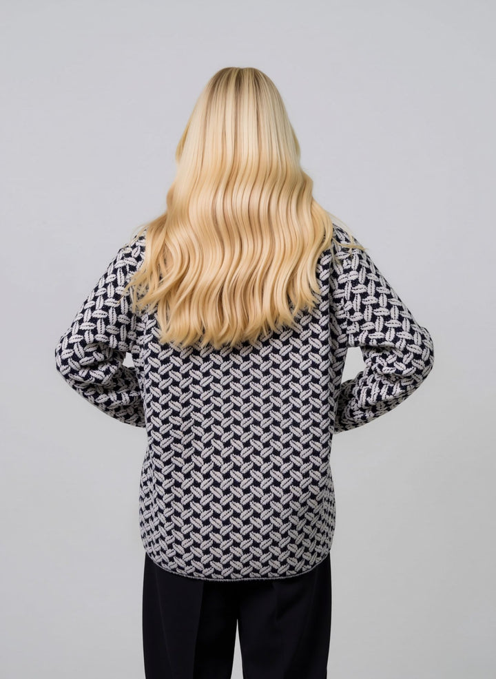 Black & Cream Jacquard Knit Button-Up Premium Heavy Cardigan