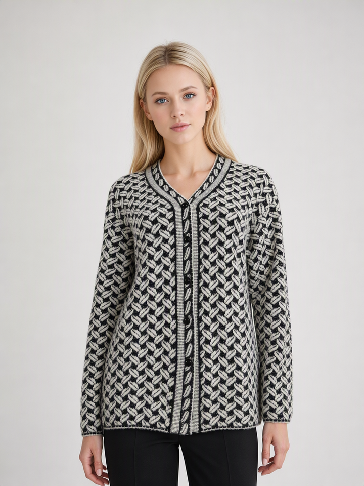 Black & Cream Jacquard Knit Button-Up Premium Heavy Cardigan