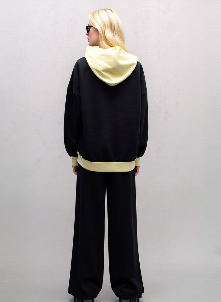 Black & Lemon Contrast Zip Hoodie Loungewear Set