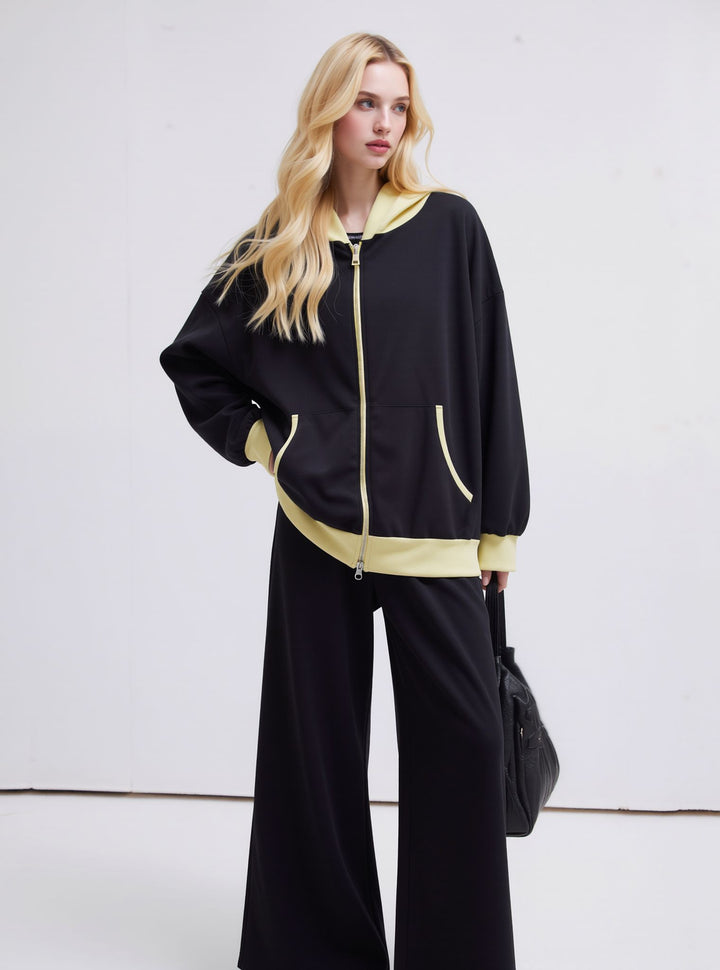 Black & Lemon Contrast Zip Hoodie Loungewear Set
