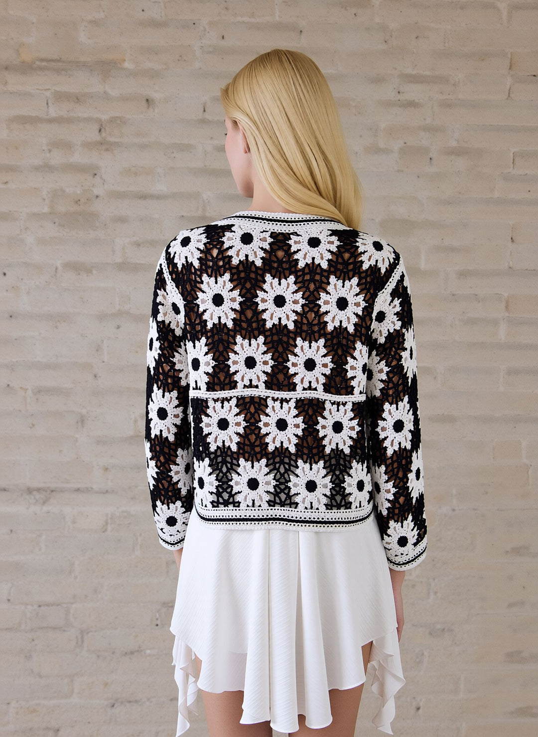 Black & White Floral Embroidered Knit Cardigan Crotchet Lace Cardigan