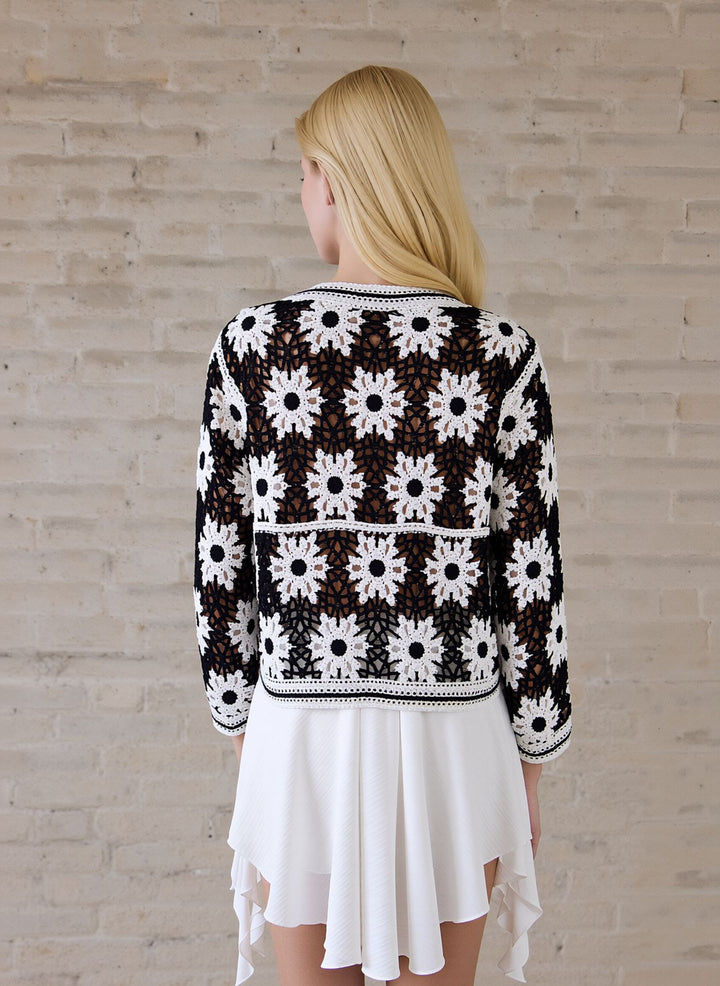 Black & White Floral Embroidered Knit Cardigan Crotchet Lace Cardigan