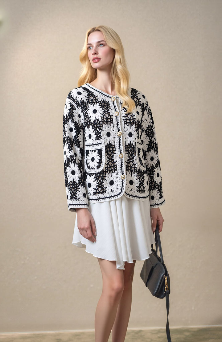 Black & White Floral Embroidered Knit Cardigan Crotchet Lace Cardigan