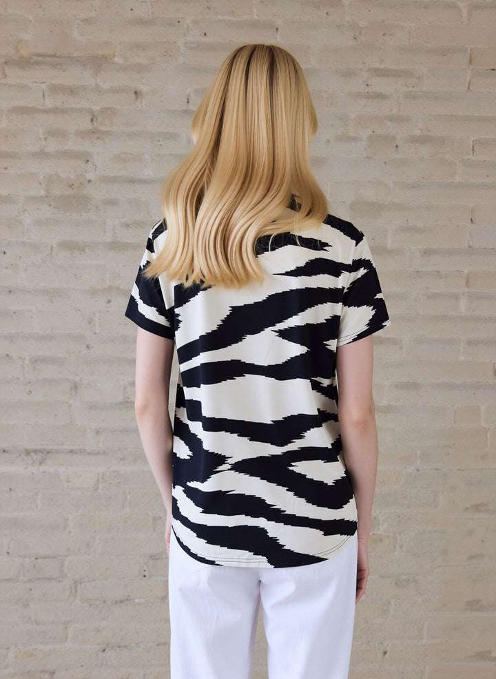 Black & White Zebra Print V-Neck Zip Top