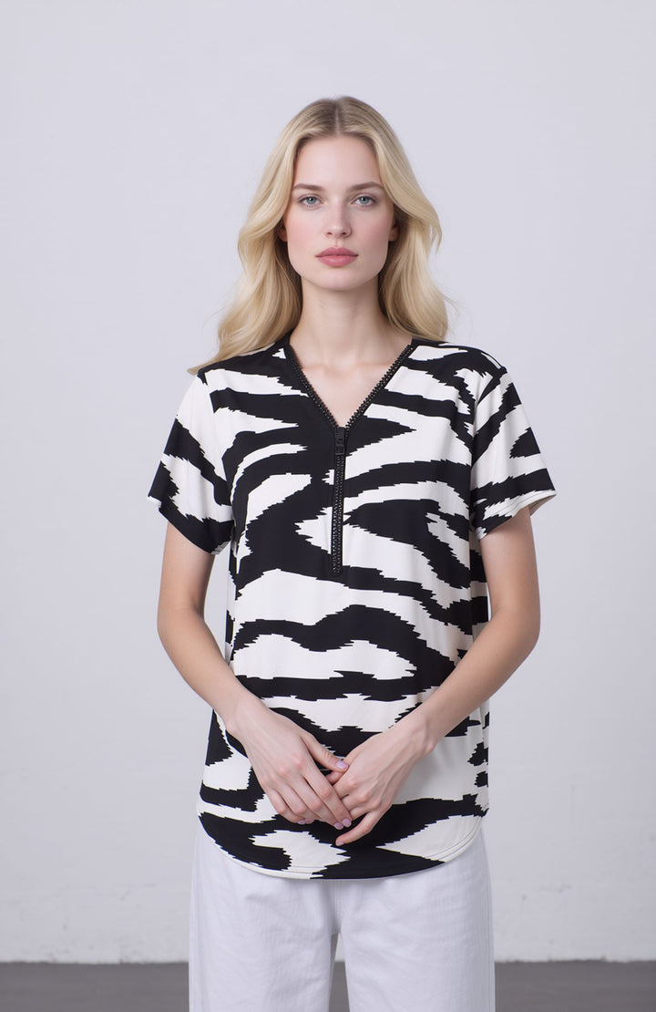 Black & White Zebra Print V-Neck Zip Top