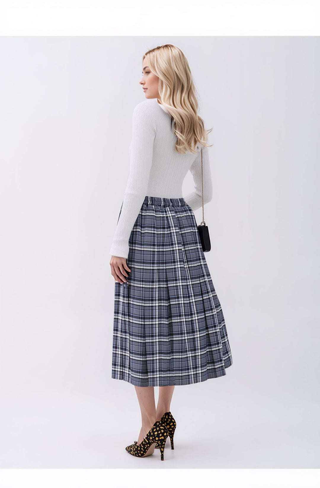 Blue Check Pleated Lined Elasticated Straight Skirt