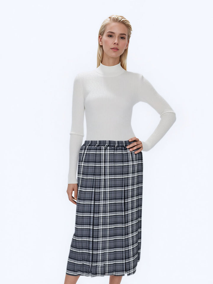 Blue Check Pleated Lined Elasticated Straight Skirt