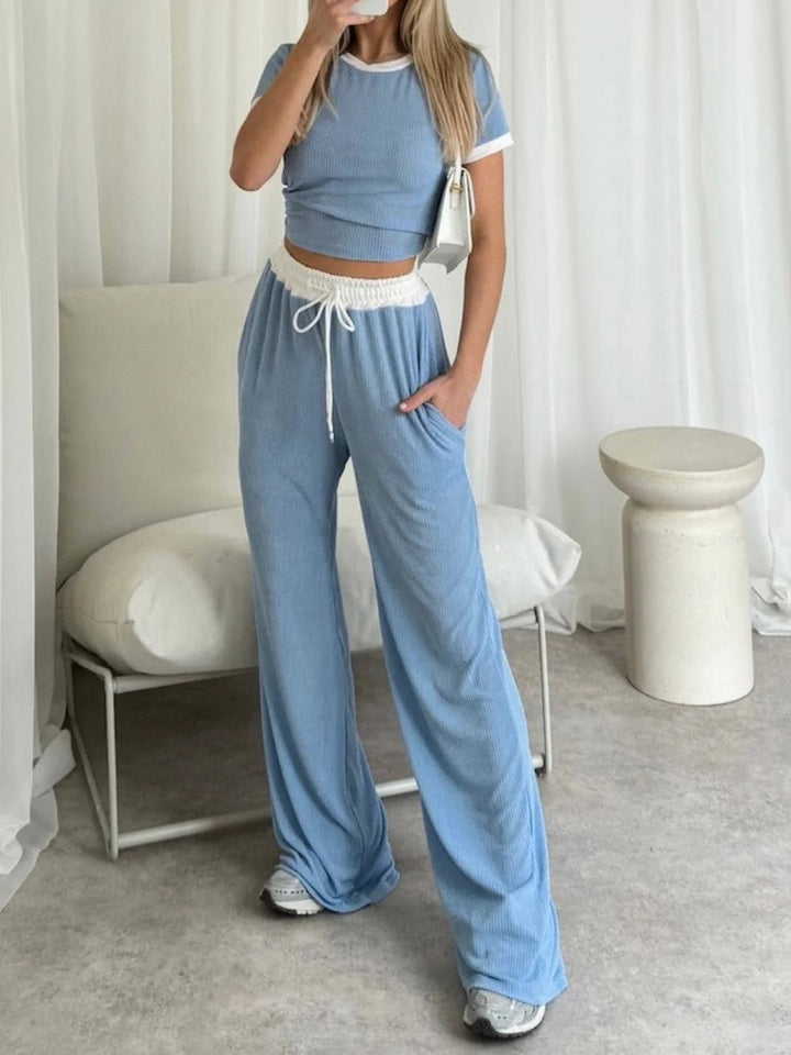 Blue Contrast Trim Ribbed Crop Top & Wide Leg Trousers Loungewear Co-ord Set