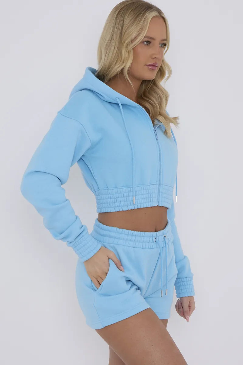 Blue Cropped Zip Up Hoodie & Shorts Loungewear Co-ord