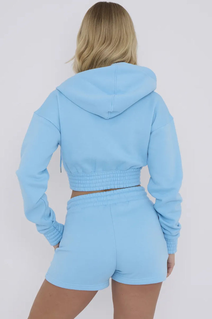 Blue Cropped Zip Up Hoodie & Shorts Loungewear Co-ord