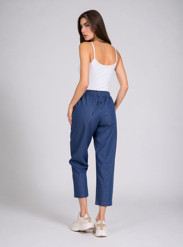 Blue Denim Cropped Trousers Relaxed Fit Pull-On Cropped Trousers