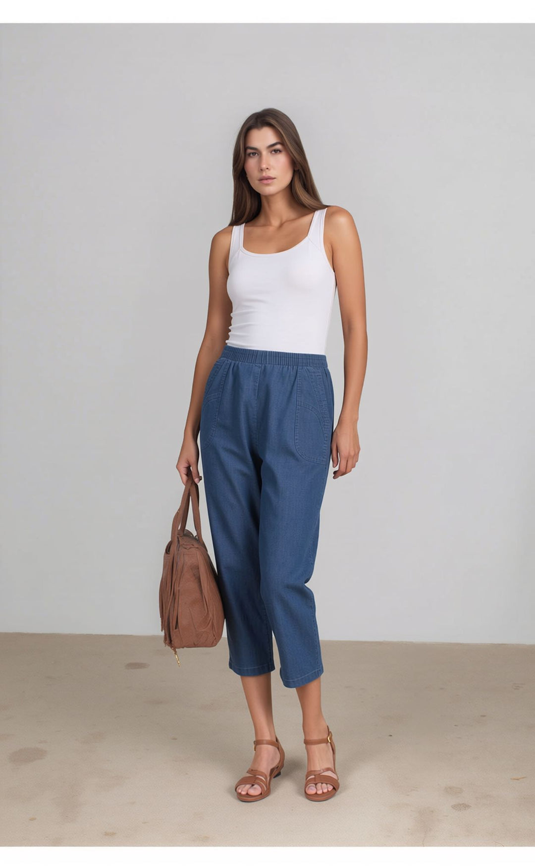 Blue Denim Cropped Trousers Relaxed Fit Pull-On Cropped Trousers