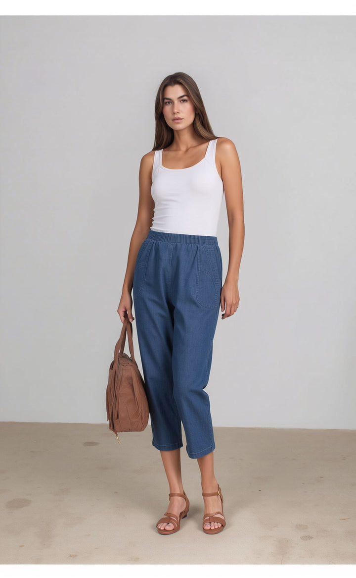Blue Denim Cropped Trousers Relaxed Fit Pull-On Cropped Trousers