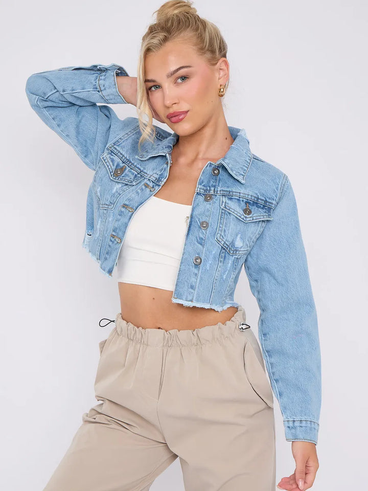 Blue Denim Distressed Cropped Jacket With Pockets