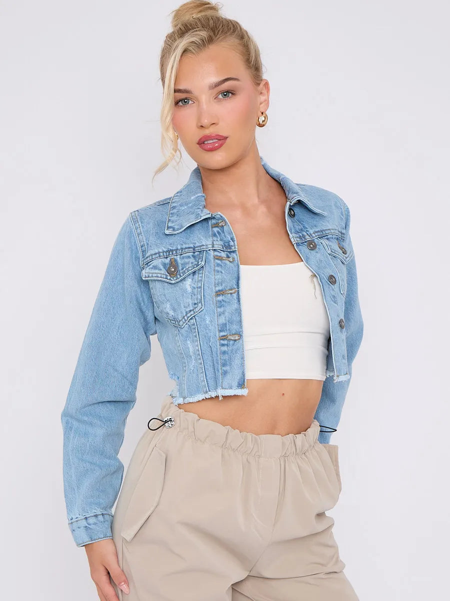 Blue Denim Distressed Cropped Jacket With Pockets