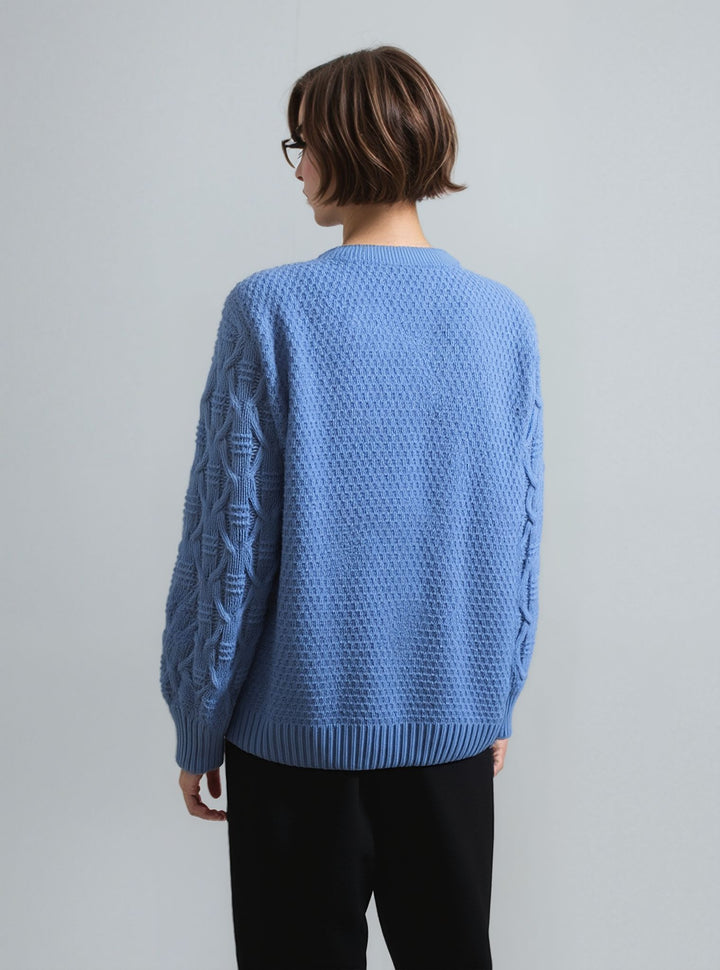 Blue Diamond Design Aran Style Round Neck Jumper