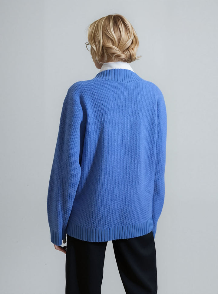 Blue Diamond Pattern V-Neck Button Cardigan with Pockets