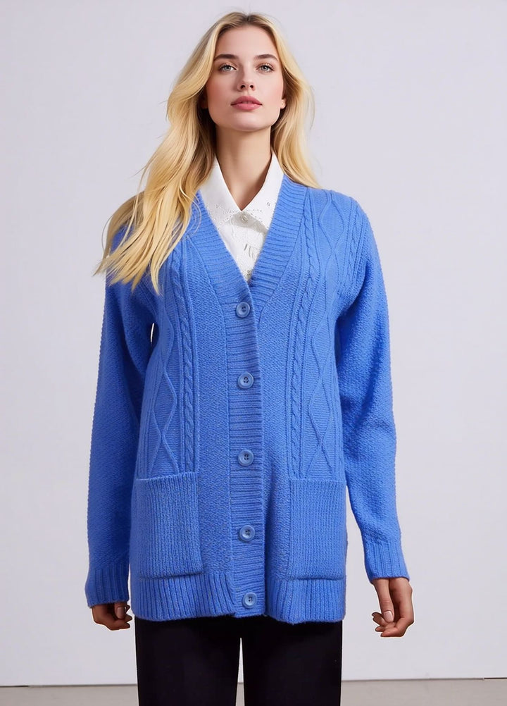 Blue Diamond Pattern V-Neck Button Cardigan with Pockets